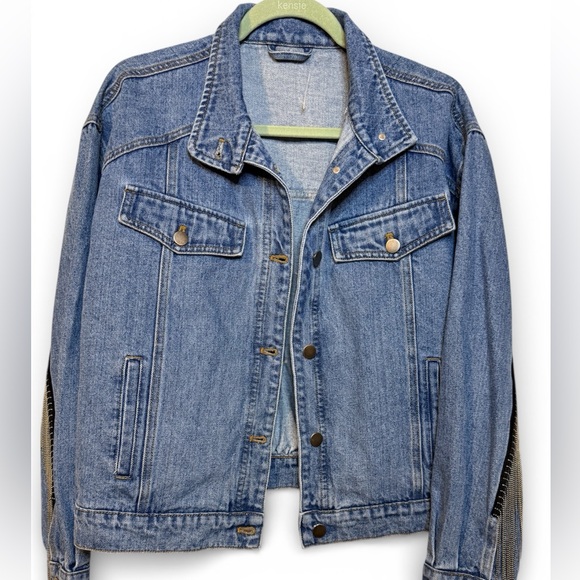 Denim Jean Jacket with Delicate Chains Detail in Sleeves and Back - Picture 3 of 11